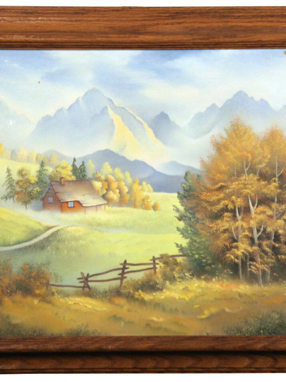Signed B. Feucht Alpine Mountain Cabin Landscape Painting, Wood Frame - Vintage